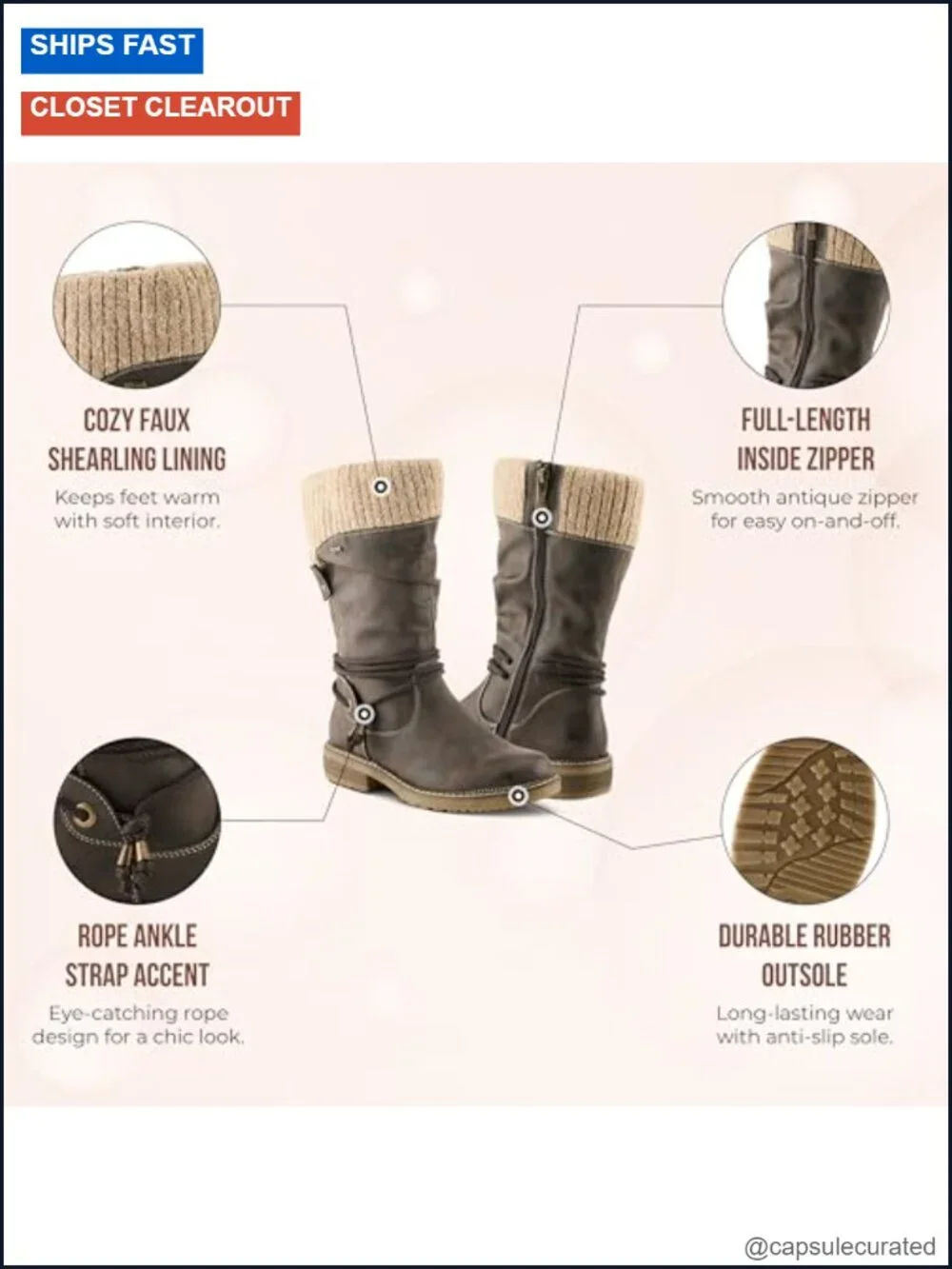 Women's Mid-Calf Boot with Faux Fur Lining and Low Heel